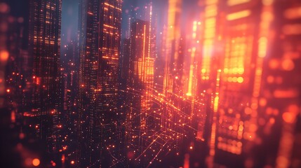 A futuristic cityscape illuminated by glowing lights and digital connections.