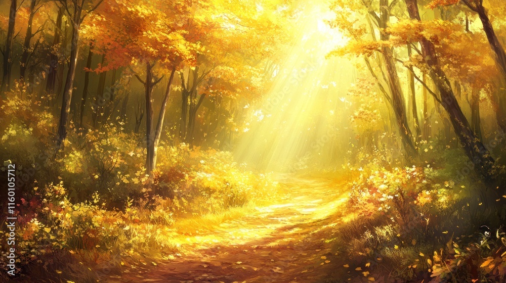 Aufkleber sunbeams illuminate a path through a golden autumn forest.