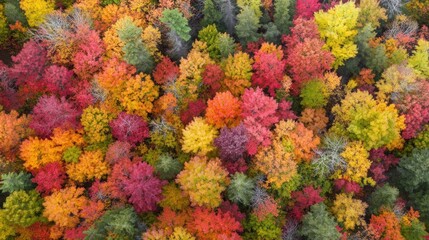 Aerial view of vibrant autumn forest with colorful trees.