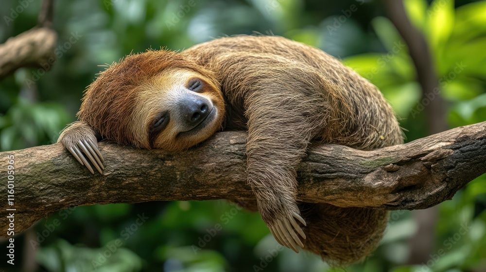 Poster a relaxed sloth sleeping soundly on a tree branch in a lush green forest.