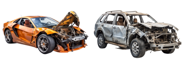 carcass of crashed car, Car insurance concept isolated on transparent background
