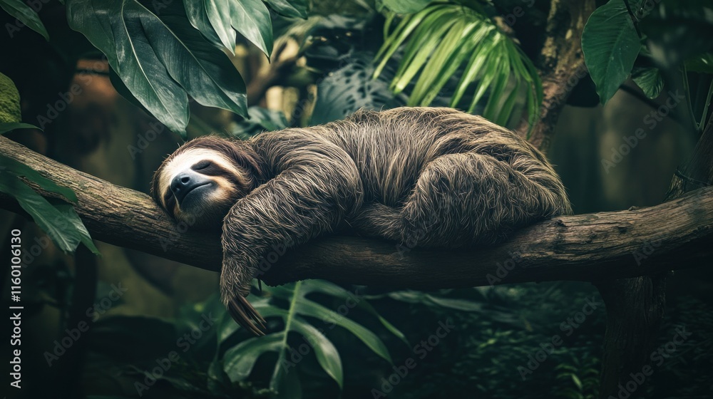 Poster sloth sleeping soundly on a tree branch in a lush green rainforest environment.