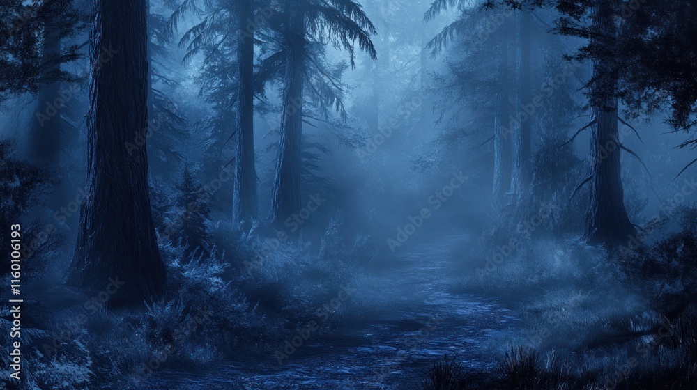 Poster mystical blue forest path shrouded in fog at night.