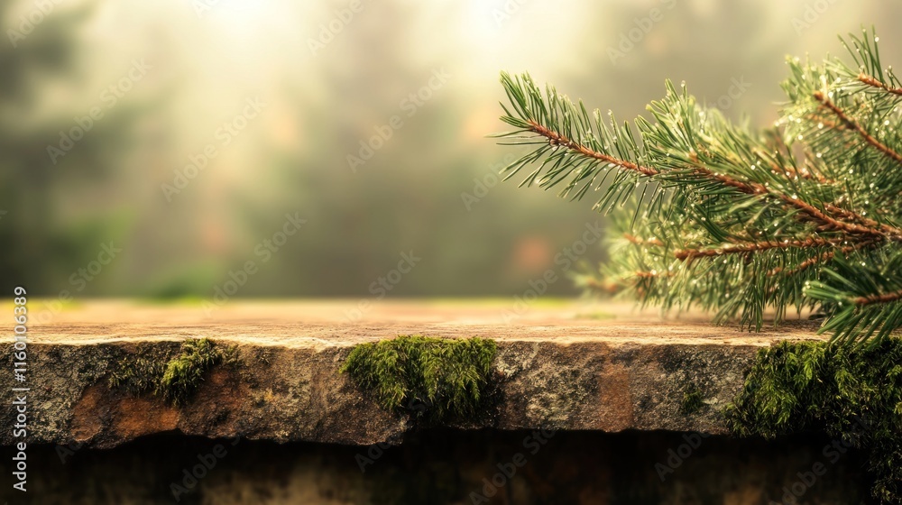 Aufkleber pine branch on mossy stone surface with blurred forest background.