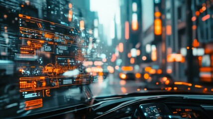 Futuristic Car Dashboard Displays Cityscape Data