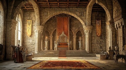 Obraz premium Majestic Medieval Throne Room Interior with Stone Architecture