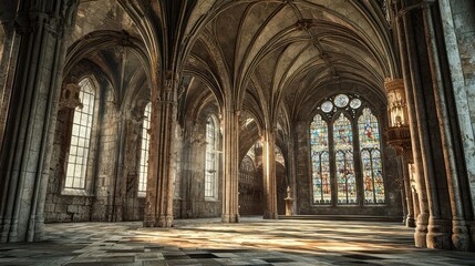 Fototapeta premium Majestic Gothic Architecture with Stained Glass Windows and Light
