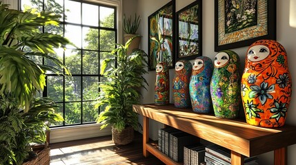 Sunlit room with nesting dolls, plants, and artwork.