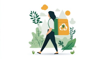 Young woman walking through a lush forest landscape, carrying an eco-friendly backpack with a recycling symbol, promoting sustainability and environmental awareness