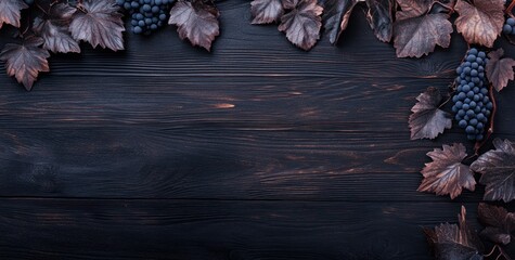 Dark wooden background decorated with grape vines and bunches of dark grapes, leaving a central space for text or design.