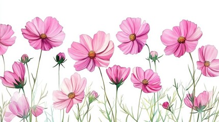 Fototapeta premium Watercolor of pink cosmos flower isolated on white background,Collection cosmea flower and leaves,wildflowers seamless pattern,soft colorful blooming flower background.