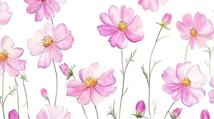Fototapeta premium Watercolor of pink cosmos flower isolated on white background,Collection cosmea flower and leaves,wildflowers seamless pattern,soft colorful blooming flower background.