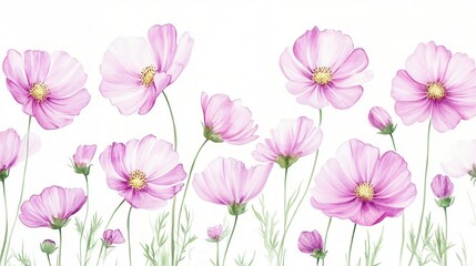 Watercolor of pink cosmos flower isolated on white background,Collection cosmea flower and leaves,wildflowers seamless pattern,soft colorful blooming flower background.