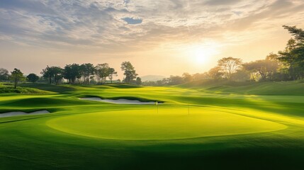 An expansive golf course at sunrise, Golf clubs neatly arranged, Classic sporty style