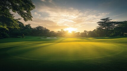 An expansive golf course at sunrise, Golf clubs neatly arranged, Classic sporty style