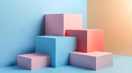 Obraz premium Pastel Cube Abstract Composition: A Minimalist 3D Render of Interlocking Geometric Shapes Against a Soft Blue and Peach Background