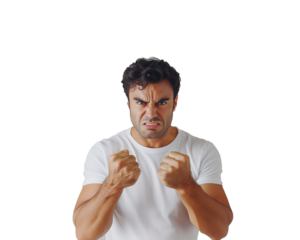 Angry man clenching fists, isolated on white background