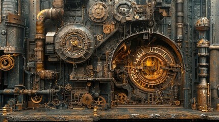 Fototapeta premium Intricate Steampunk Machinery with Gears and Pipes in Industrial Setting
