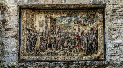 Historic Tapestry Depicting Medieval Battle Scene in Castle Ruins