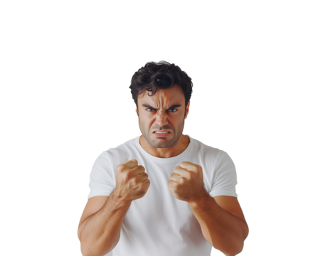 Angry man clenching fists, isolated on white background