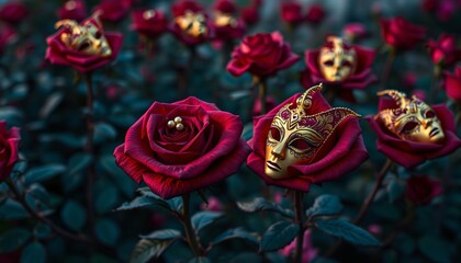 Naklejka premium Rose garden with each rose featuring petals shaped and painted like Venetian carnival masks, The colors are rich jewel tones, with intricate gold and silver accents, creating a mysterious.