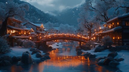 Obraz premium Snow Covered Village Bridge Winter Night Scene