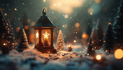 Illuminated lantern with star amidst miniature snow-covered Christmas trees and falling snow.