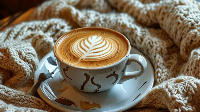 A cozy cup of latte art nestled in a soft knitted blanket