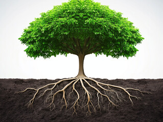 tree on the ground , trees on a white background A standing tree with a taproot system, roots, branches, and root fibers.