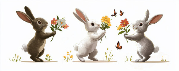 Three adorable Easter bunnies holding colorful flowers, surrounded by butterflies and spring blooms