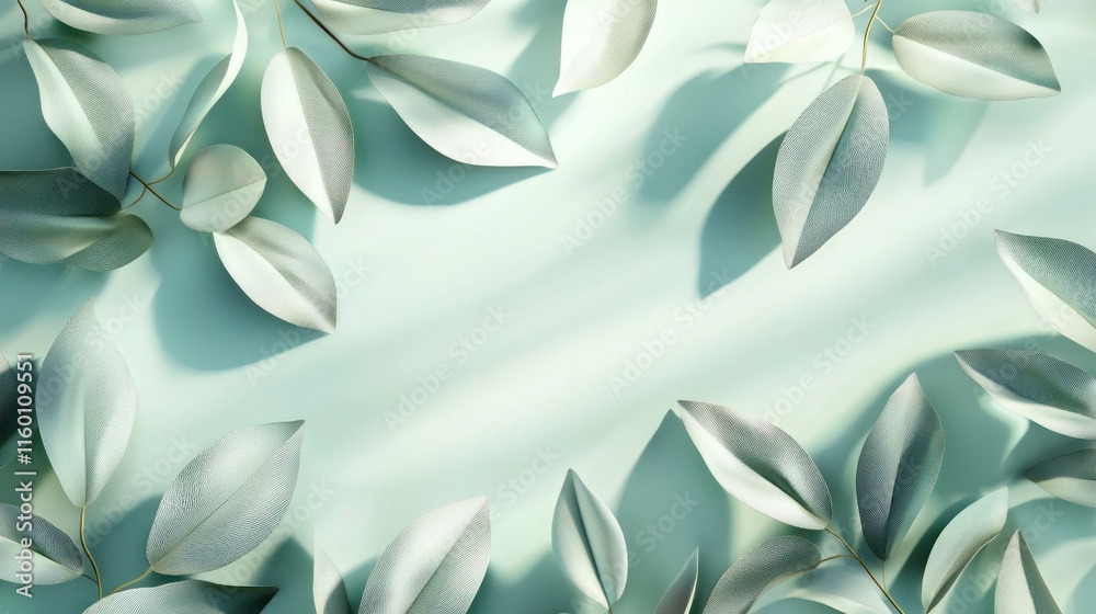 Poster soft light illuminates pale green leaves arranged on a pastel background, creating a frame with copy