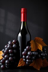 Obraz premium Elegant Red Wine Bottle Surrounded by Dark Grapes and Autumn Leaves