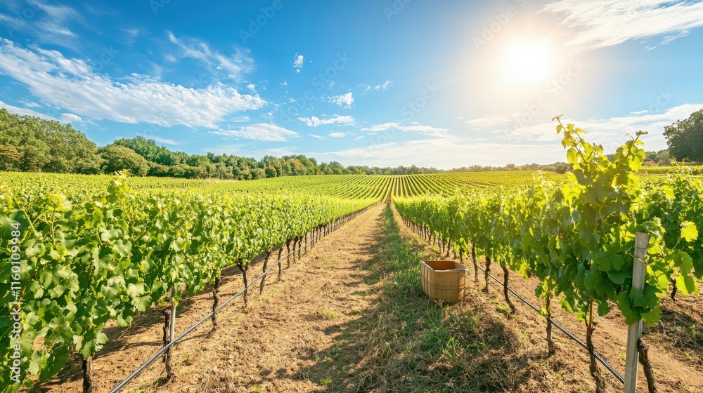 Poster An expansive vineyard with rows of grapevines stretching under a blue sky, Harvesting tools and crates ready for grape picking, Winemaking tradition style