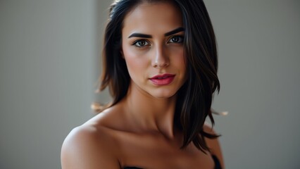 Fototapeta premium Natural Portrait of a Beautiful Young Woman with Long Dark Hair and Soft Makeup