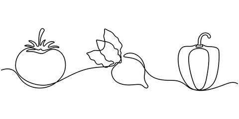This is the set of vegetables one line drawing with a continuous line of tomato, bell pepper, zucchini, and eggplant, Vegetables one line set. Continuous line drawing of garlic, tomato, bell pepper. 
