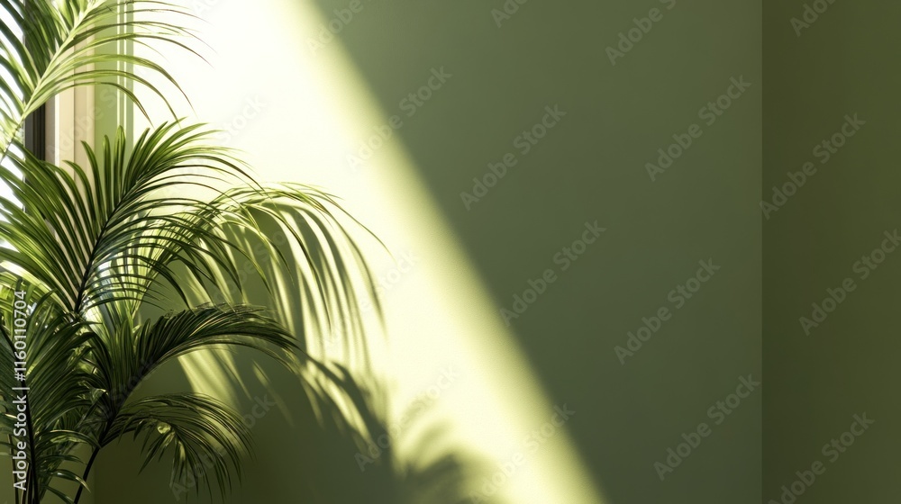Poster sunlight streams through window illuminating houseplant in a green room.