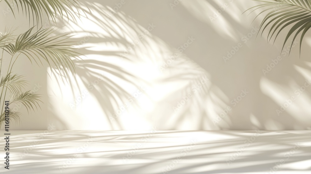 Poster minimalist beige background with palm shadows, sunlight, and empty space.
