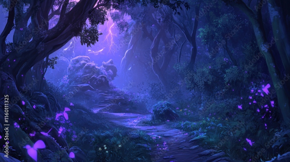 Poster magical, dark forest path at night with glowing butterflies and lightning.