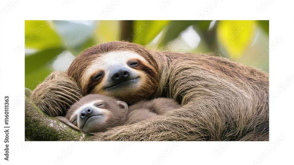 Poster a mother sloth affectionately embraces her sleeping baby sloth while nestled in a tree.