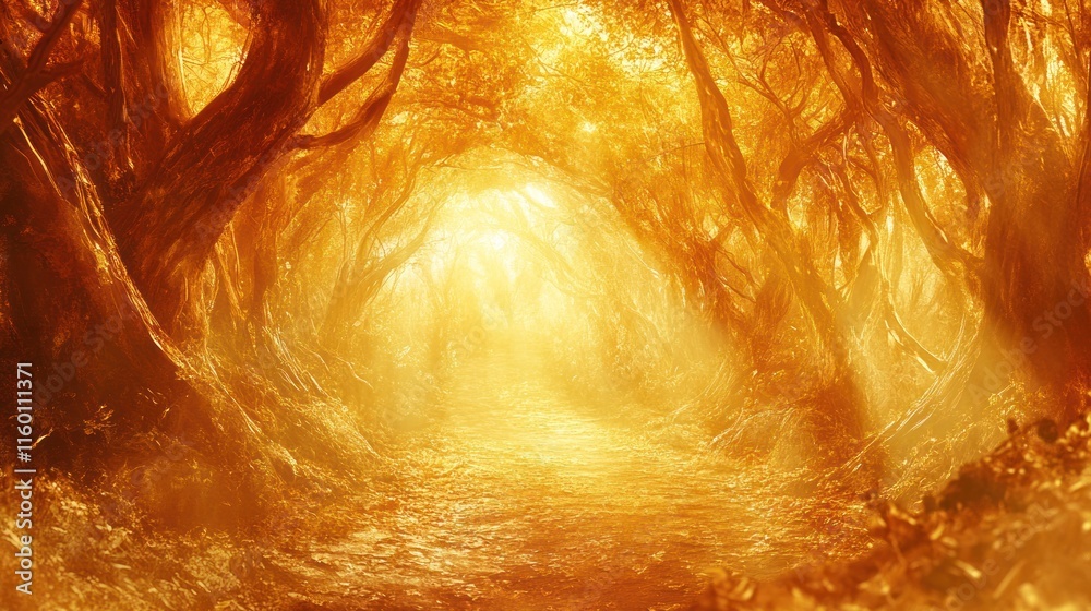 Poster Golden sunlit path through mystical autumn forest, trees arching overhead, creating a tunnel of light and shadow.