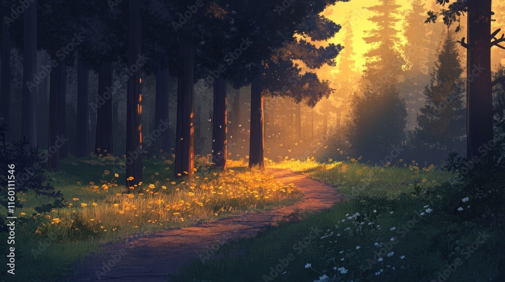 Poster sunlit path through a tranquil forest with wildflowers.