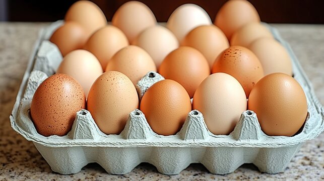 Eggs in an egg carton on the kitchen counter, close-up view of eggs in white and brown colors, natural lighting.  - Powered by Adobe