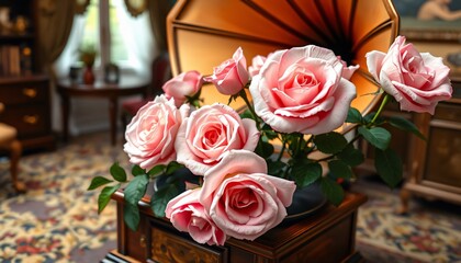 Obraz premium Roses blooming out of a vintage gramophone as if they were musical notes in bloom, The roses are in shades of soft pastels, and the background is a nostalgic scene of an old parlor, creating a poetic.