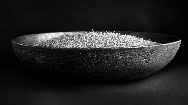 Black bowl filled with cumin seeds on black background.