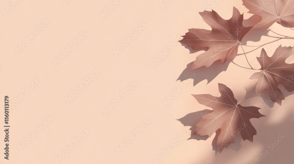 Poster autumnal maple leaves with shadows on a peach background.