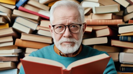 Elderly Man with Glasses Reading Book in Front of Stacks of Colorful Books, Emphasizing Knowledge, Learning, and Wisdom in a Cozy Environment