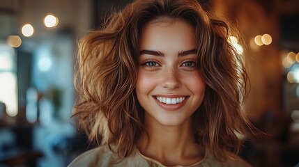 Fototapeta premium Joyful young woman smiling at home cozy lifestyle portrait
