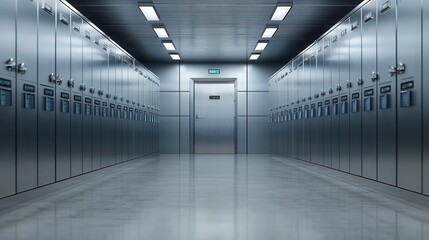 Safe deposit room with large steel vault door, modern metallic boxes, and digital keypad entry, steel vault deposit room, industrial, highsecurity design