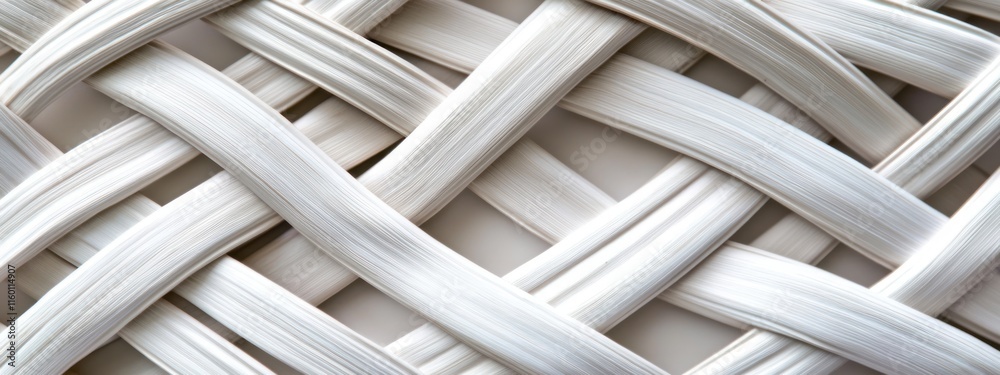 Poster white woven texture, intricate pattern of interlaced strands, close-up view.
