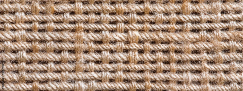 Poster close-up of woven jute fabric texture, showing intricate pattern and natural beige color.